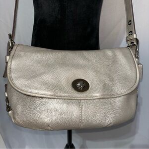 COACH Legacy Duffle Bag, Pebbled Leather, Turn-lock flap front, Silver Metallic